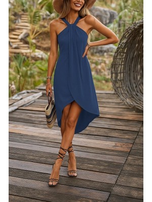 Ne Verelim Size Kadın Omuzlardan Açık Boyundan Geçmeli Asimetrik Kesim Detaylı Viskon Elbise