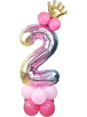 Feyza Design 2 Yaş Gökkuşağı Renkleri Rakam Balon ve Taçlı Set