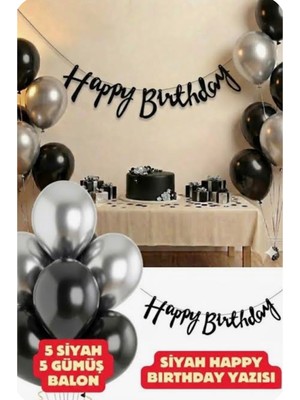 Feyza Design Siyah 11 Parçalık Happy Birthday Yazısı ve Balon Seti