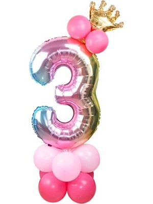 Feyza Design 3 Yaş Gökkuşağı Renkleri Rakam Balon ve Altın Taçlı 3 Rakamlı Balon
