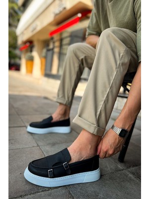 Roof Atelier Erkek Siyah Beyaz Kemer Tokalı Loafer Ayakkabı - 417 - Cbt Mancini