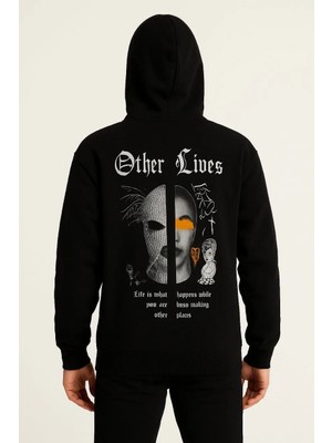Erkek Kapşonlu Sweatshirt Oversize Üç Iplik Şardonlu Other Lives Ön Arka Baskılı - Siyah