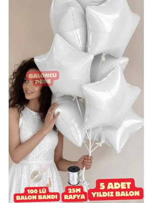 Feyza Design Beyaz Yıldız Folyo Balon 5 Adet Helyum Uyumlu Sevgili ve Özel Gün