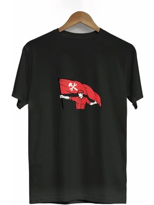 1 Mayıs Emekçilerimiz Için Özel Tasarım Bayraklı Emekçi Baskılı T-Shirt - Siyah
