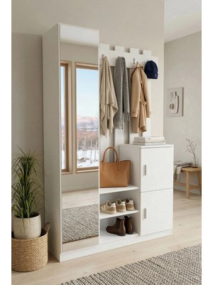 Robin Home Lenka Aynalı Vestiyer Portmanto Ayakkabılık Beyaz