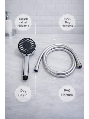 Ahlez Lilyum 5 Fonksiyonlu Duş Başlığı ve Pvc Kopmaz Duş Hortumu 2'li Set