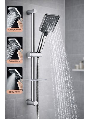 Ahlez Sürgülü Krom Yağmurlama Tuşlu 3 Fonksiyonlu Aqua Model Duş Seti