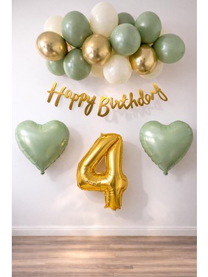 Patladı Gitti Adaçayı Konsept Doğum Günü Seti ; Küf Yeşili-Krom Gold- Deniz Kumu ve Adaçayı Kalp Folyo Balon Set