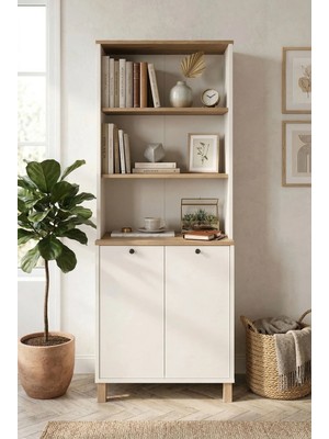 Robin Home Alaska Kitaplık Raf Ahşap Ayaklı 180CM Kapaklı Sepet-Beyaz-Jüt