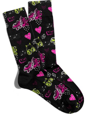 Eğlenceli Çorap Unisex Siyah Woow Paten Desen Baskılı