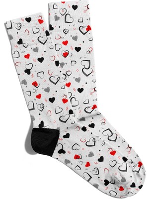 Eğlenceli Çorap Unisex Siyah Kırmızı Kalp Baskılı Çorap