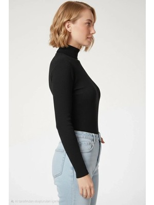 Kadın Tam Boğazlı Fitilli Likrali Kaşkorse Badi Ince Uzun Kollu Kazak - Siyah