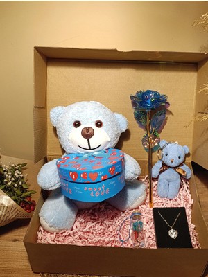 Paganca Mavi Kutulu Ayıcık 25CM - Anahtarlık - Dilek Şişesi - Sonsuzluk Gülü - Kalpli Kolye Hediye Seti