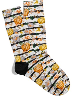 Eğlenceli Çorap  Unisex Beyaz Zemin Bal Kabağı Desen Baskılı Çorap