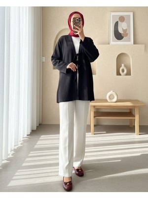 Modamorfo Önü Üç Bağcıklı Keten Kimono -Siyah