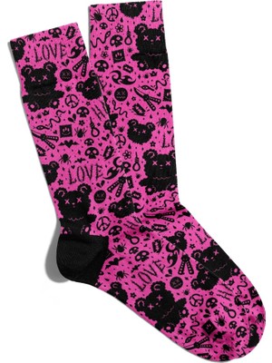 Eğlenceli Çorap Unisex Love Skull ve Teddy Bear Baskılı Çorap