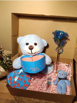 Paganca Mavi Kutulu Ayıcık 25CM - Ayıcık Anahtarlık - Dilek Şişesi - Sonsuzluk Gülü Hediye Seti