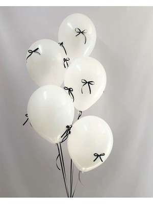 Feyza Design Beyaz Balon Seti 10'lu Siyah Fiyonk Kurdeleli - Doğum Günü Hediye