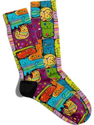 Eğlenceli Çorap Unisex  Renkli Sevimli Kedi Baskılı Çorap