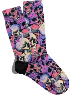 Eğlenceli Çorap Unisex  Renkli Skull X2 Baskılı Çorap