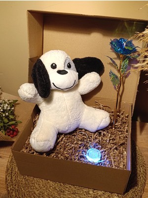 Paganca Kutulu Hediye Seti / Peluş Köpek 24CM - Renk Değiştiren Işıklı Anahtarlık - Sonsuzluk Gülü