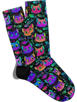 Eğlenceli Çorap Unisex Balık ve Kedi Baskılı Çorap