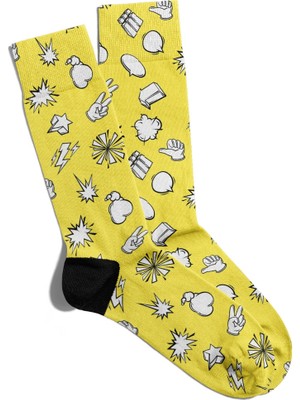 Eğlenceli Çorap Unisex  Bej Sarı Popart Simgeler Baskılı Çorap