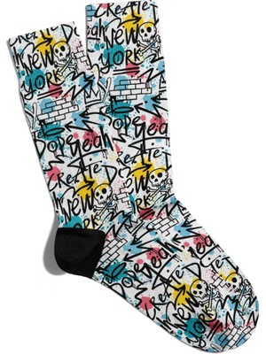 Eğlenceli Çorap Unisex New York Skull Popart Baskılı Çorap