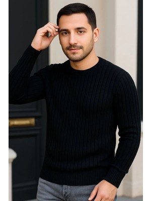 Tarz Yeri Erkek Bisiklet Yuvarlak Yaka Triko Kazak Pamuklu Kalın Fitilli Dokuma Regular Fit - Siyah
