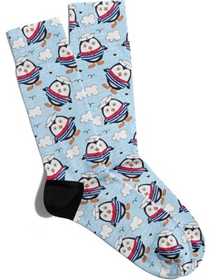 Eğlenceli Çorap Unisex Gri Animal Denizci Penguen Baskılı Çorap