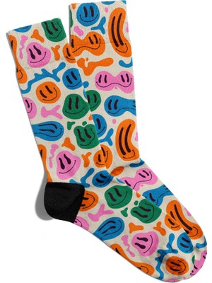 Eğlenceli Çorap Unisex Bej Renkli Emoji Desen Baskılı Çorap