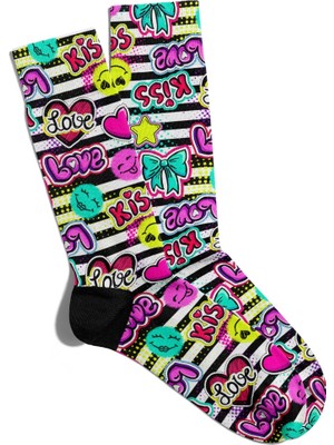 Eğlenceli Çorap Unisex Love Kiss  Kalp Popart Baskılı Çorap