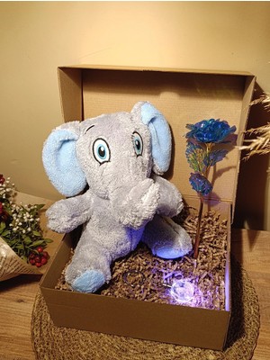 Paganca Kutulu Hediye Seti / Peluş Fil 24CM - Renk Değiştiren Işıklı Anahtarlık - Sonsuzluk Gülü