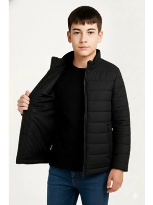 Erkek Çocuk Şişme Mont Hafif ve Sıcak Tutucu Fermuarlı Su Itici Mont Kapüşonuz - Siyah