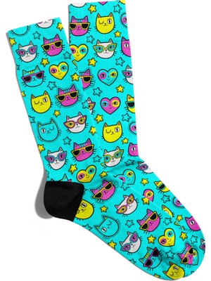 Eğlenceli Çorap Unisex Turkuaz Sevimli Kedi Baskılı Çorap