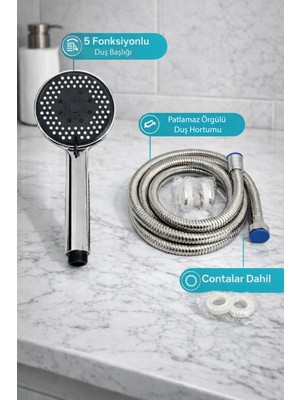 Ahlez Lilyum 5 Fonksiyonlu Mafsallı Örgülü Hortumlu Duş Takımı Seti