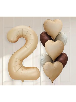 Feyza Design Karamel Yaş ve Kalp Balon Seti 100 cm - Bej Renkli Folyo Balonlar