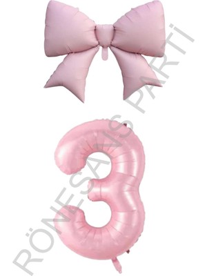 Feyza Design Pembe Renk Fiyonk Rakam Folyo Balon Seti, Yaş 3 Için Uygun