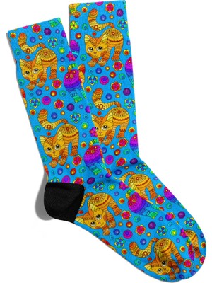 Eğlenceli Çorap Unisex  Ny Mavi Sevimli Kedi Baskılı Çorap