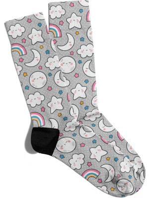 Eğlenceli Çorap Unisex Gri Ay Gökkuşağı Baskılı Çorap