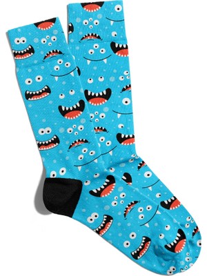Eğlenceli Çorap Unisex Monster Smile Turkuaz  Baskılı Çorap