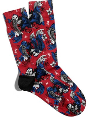 Eğlenceli Çorap Unisex  Kırmızı Zemin Balık Baskılı Çorap