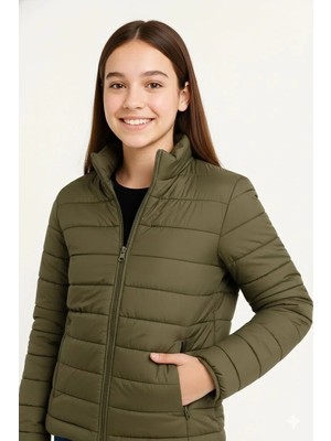 Kız Çocuk Şişme Mont Hafif ve Sıcak Tutucu Fermuarlı Su Itici Mont Kapüşonuz Modern - Haki