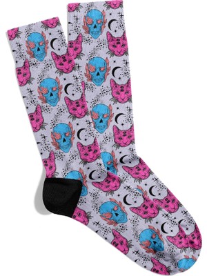Eğlenceli Çorap  Unisex  Kuru Kafa Kedi Hw Desen Baskılı Çorap