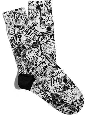 Eğlenceli Çorap Unisex Siyah Popart X2 Baskılı Çorap