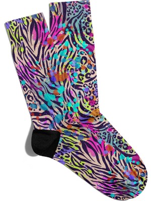 Eğlenceli Çorap Unisex  Renkli Zebra Motif Boya Desen Baskılı Çorap