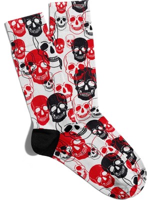 Eğlenceli Çorap Unisex  Renkli Kırmızı Siyah Skull Baskılı Çorap