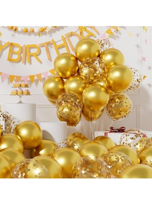 Feyza Design 40 Adet Çok Renkli Gold Sedefli Metalik Şeffaf Balon Seti