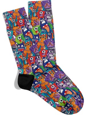 Eğlenceli Çorap  Unisex Renkli Popart Monster Desen Baskılı Çorap
