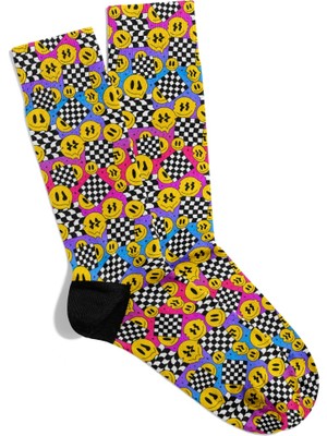 Eğlenceli Çorap  Unisex  Popart Dama Emoji Renk Desen Baskılı Çorap